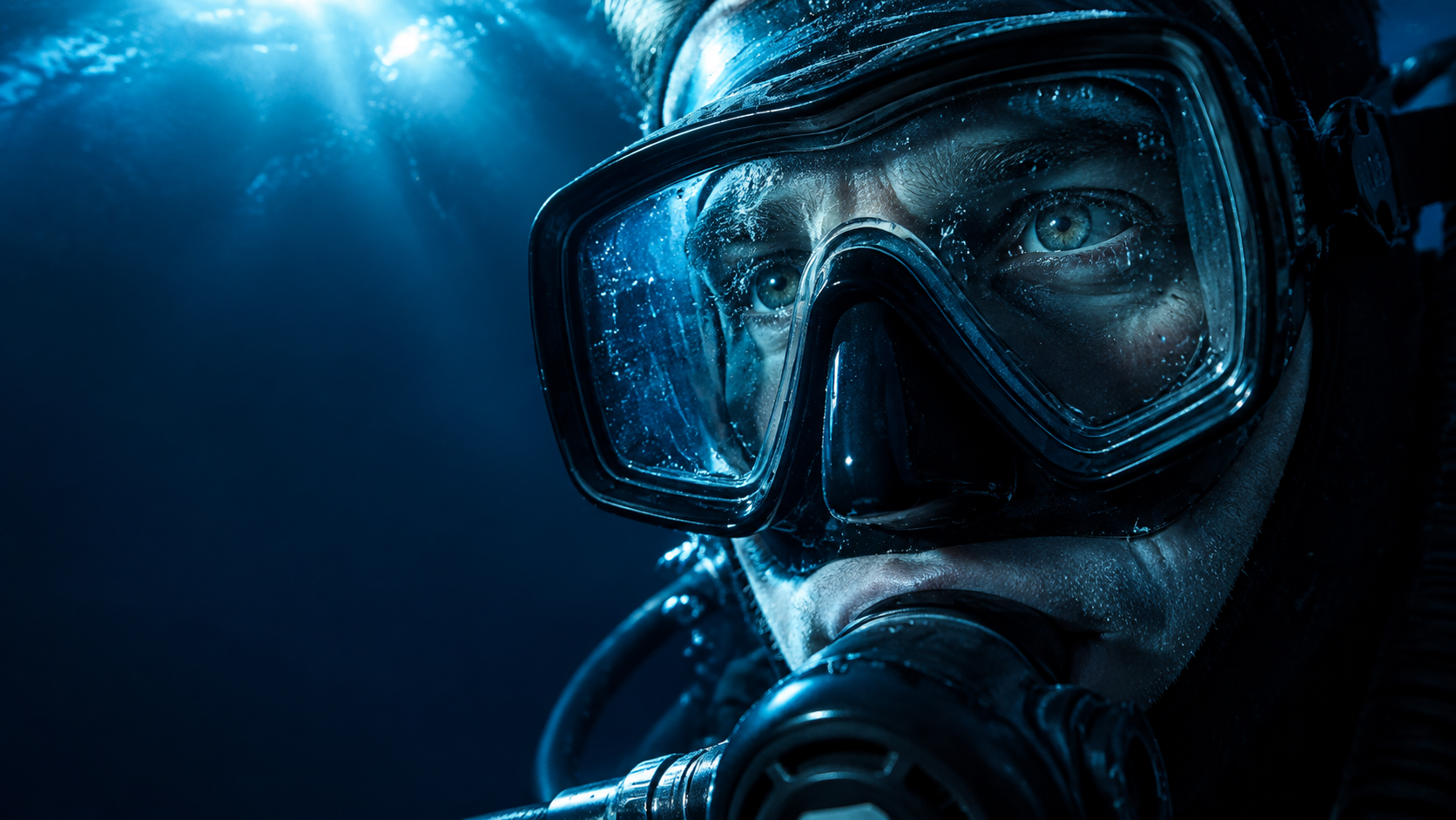 Close-up of a scuba diver wearing a diving mask underwater